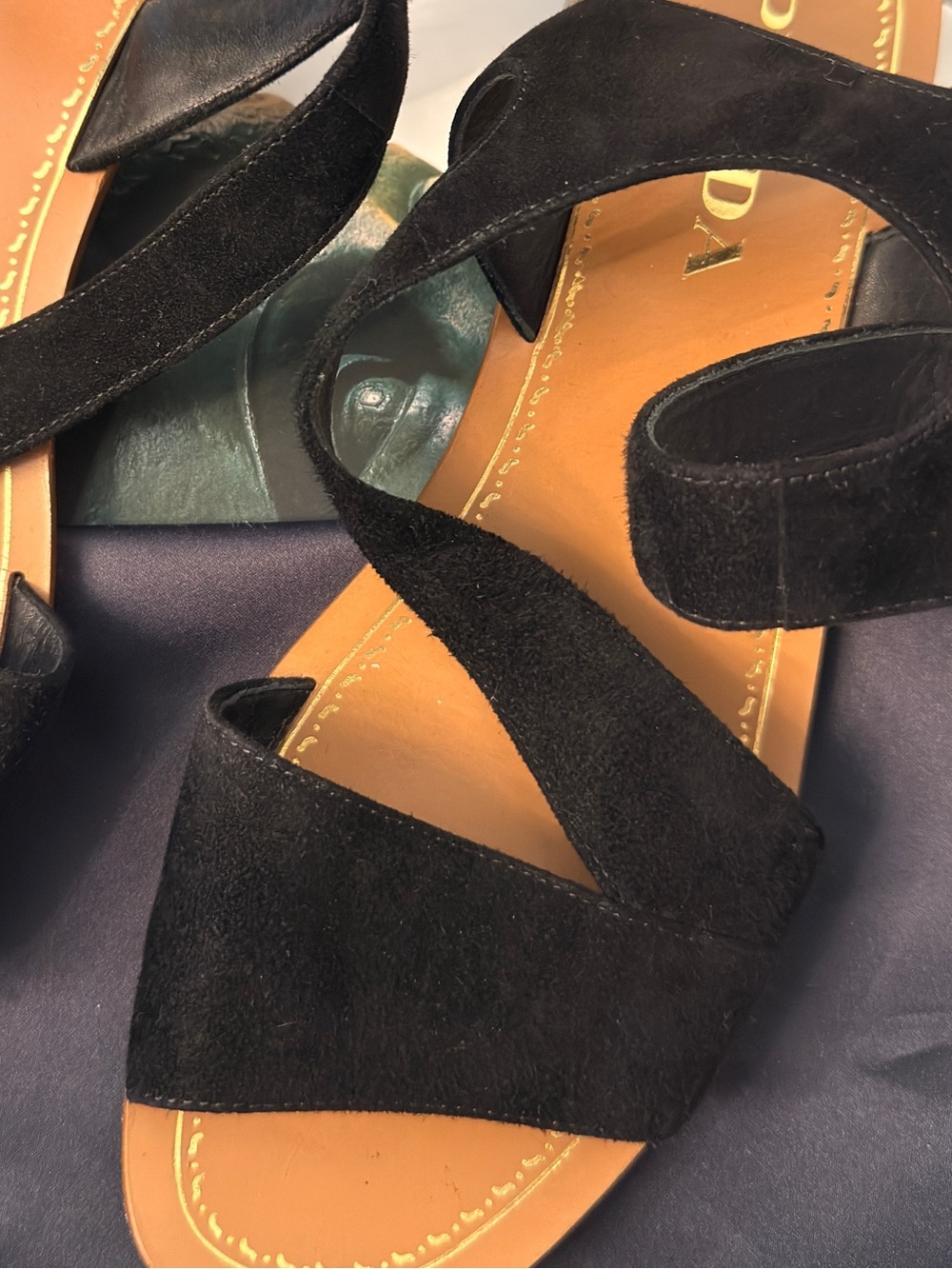 Prada Black Suede Ankle Strap Flat Sandals Size 36.5 / 6.5 Authentic - Picture 2 of 3
